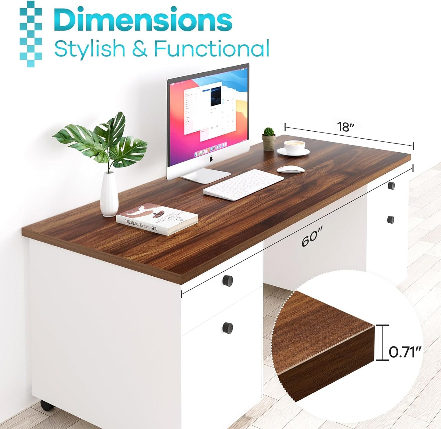 Kaboon Universal Tabletop 60"x18", Solid One-Piece Melamine Table Top, Double L-Desk Floating Desk DIY, Home and Office,Dark Walnut