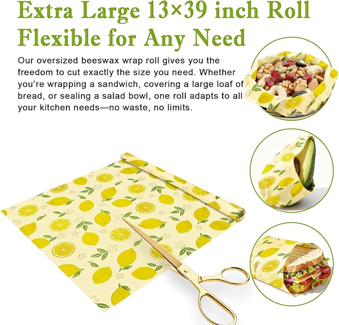 Reusable Beeswax Wraps For Foods, Cheese, Sandwich & Bread- 13 x 39'' Cut to Size - Eco-Friendly Food Storage Alternative to Plastic Wrap & Cheese Paper (Lemon Pattern001, 13x39'')