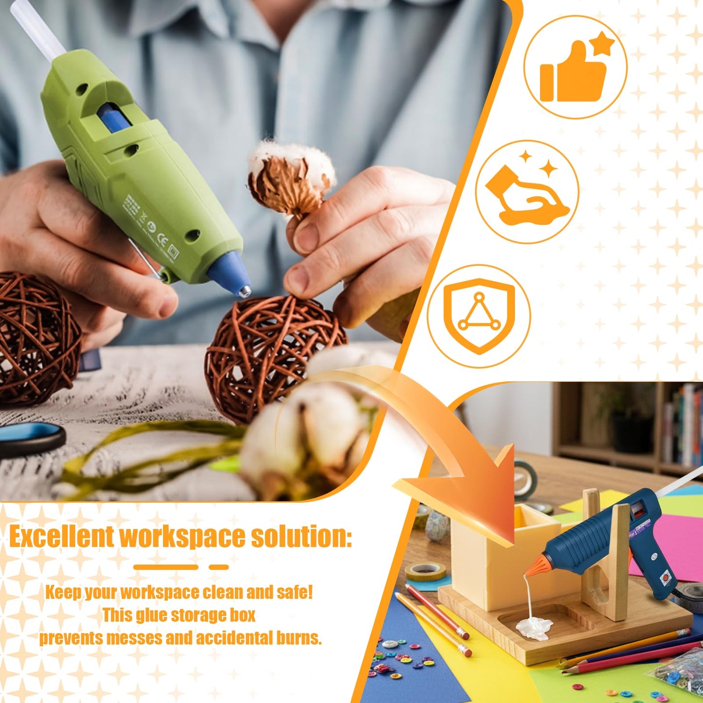 Mini Hot Glue Gun Holder with Glue Stick Organizer, 1 Hot Glue Gun Stand and 2 Storage Boxes, Wooden Hot Glue Gun Kit Storage Compartments, for DIY, Crafts, Home School Project