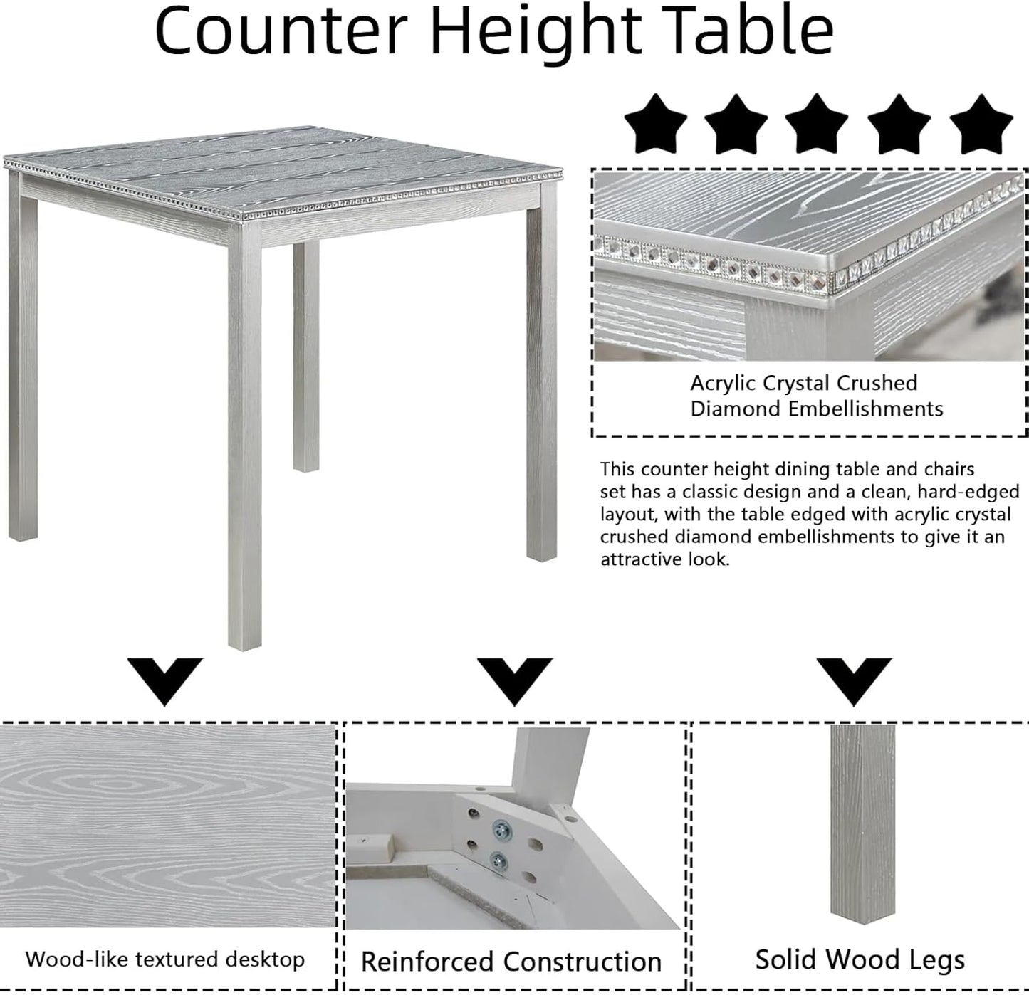 Dining Table Set for 4, 5-Piece Dining Room Table Set with Square Crystal Decoration Table & 4 Upholstered Backrest Chairs, Counter Height Kitchen Sets with Wood Grain & Footrest, Grey