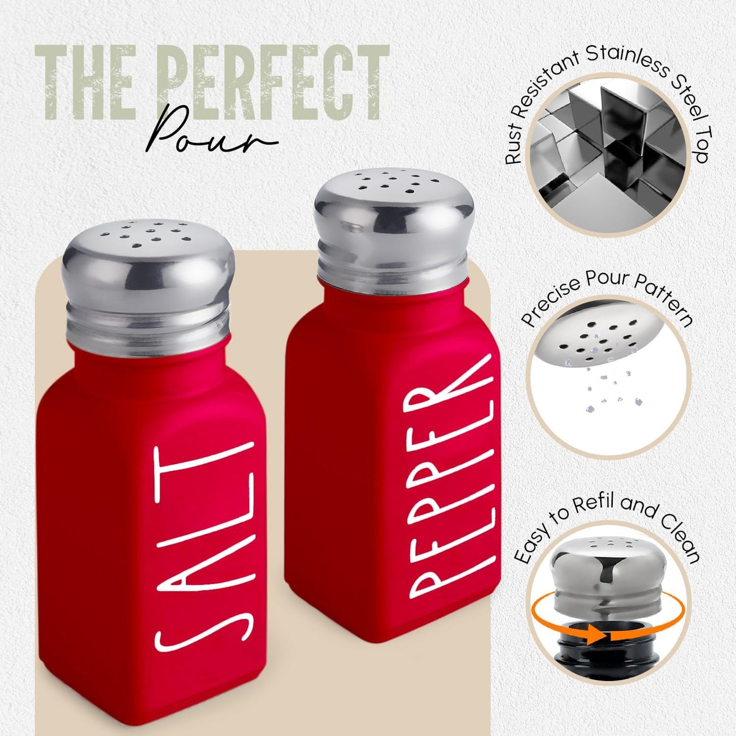 Red Salt and Pepper Shakers Set by Brighter Barns - Modern Farmhouse Kitchen Decor and Accessories for Home Restaurants Weddings - Cute Modern Glass Christmas Shaker Sets & Stainless Steel Lid (Red)