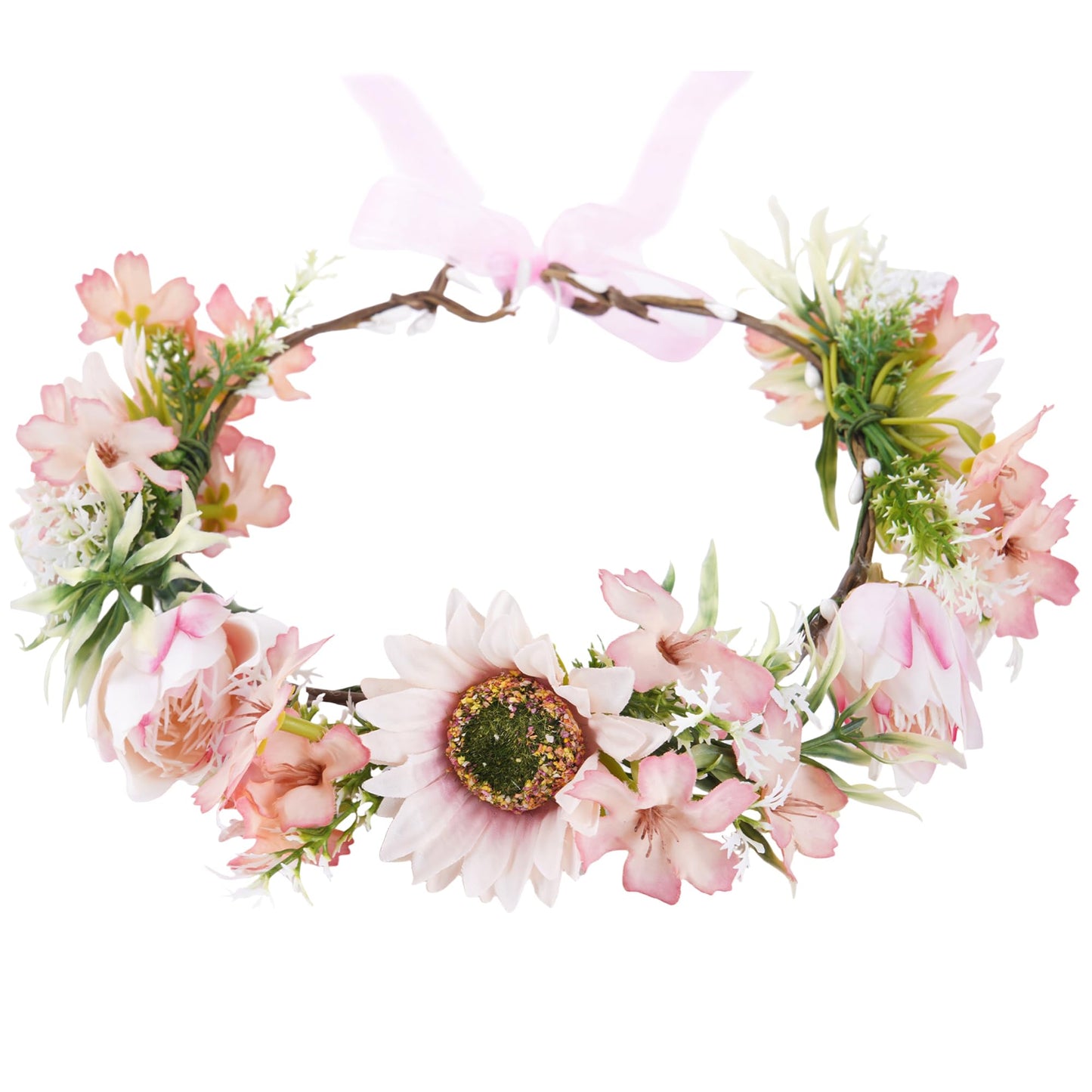 KorViSHOW Pink Sunflower Flower Crown Headband, Artificial Fairy Daisy Floral Headpiece, Adjustable Fairy Woodland Headband for Women Girls Renaissance Birthday Bride Wedding Party Hair Accessories