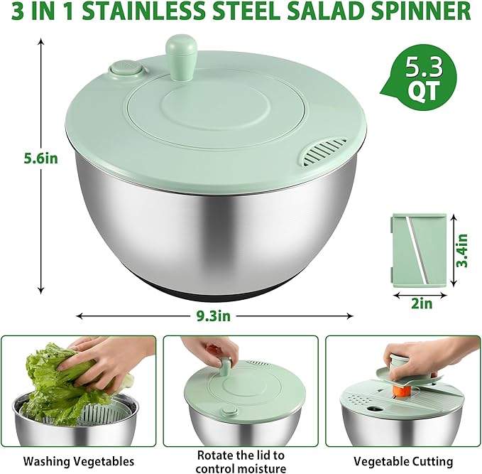 Salad Spinner Stainless Steel, 5.3-Quart Lettuce Washer Spinner for 2–3 Servings, Large Vegetable&Fruit Wash Bowl with Strainer, Includes 5-Blade Slicer — Perfect Salad Making Tool for Healthy Eaters