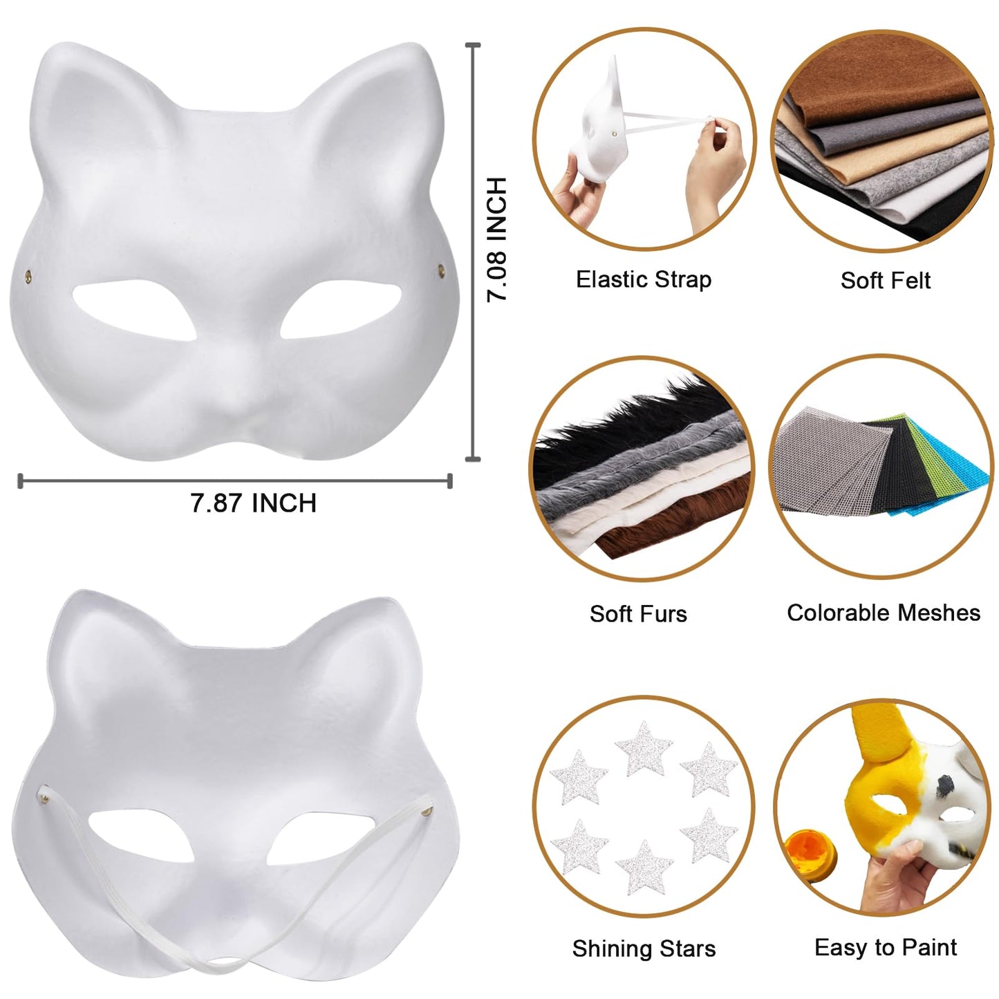 OPPKIE Cat Fox Therian Masks 42PCS with Felt Furs Eye Meshes and Stars, Costume Furry Masks to Paint, Animal Mask Arts Crafts Kit, Dress Up DIY for Halloween Christmas Cosplay Party Interaction