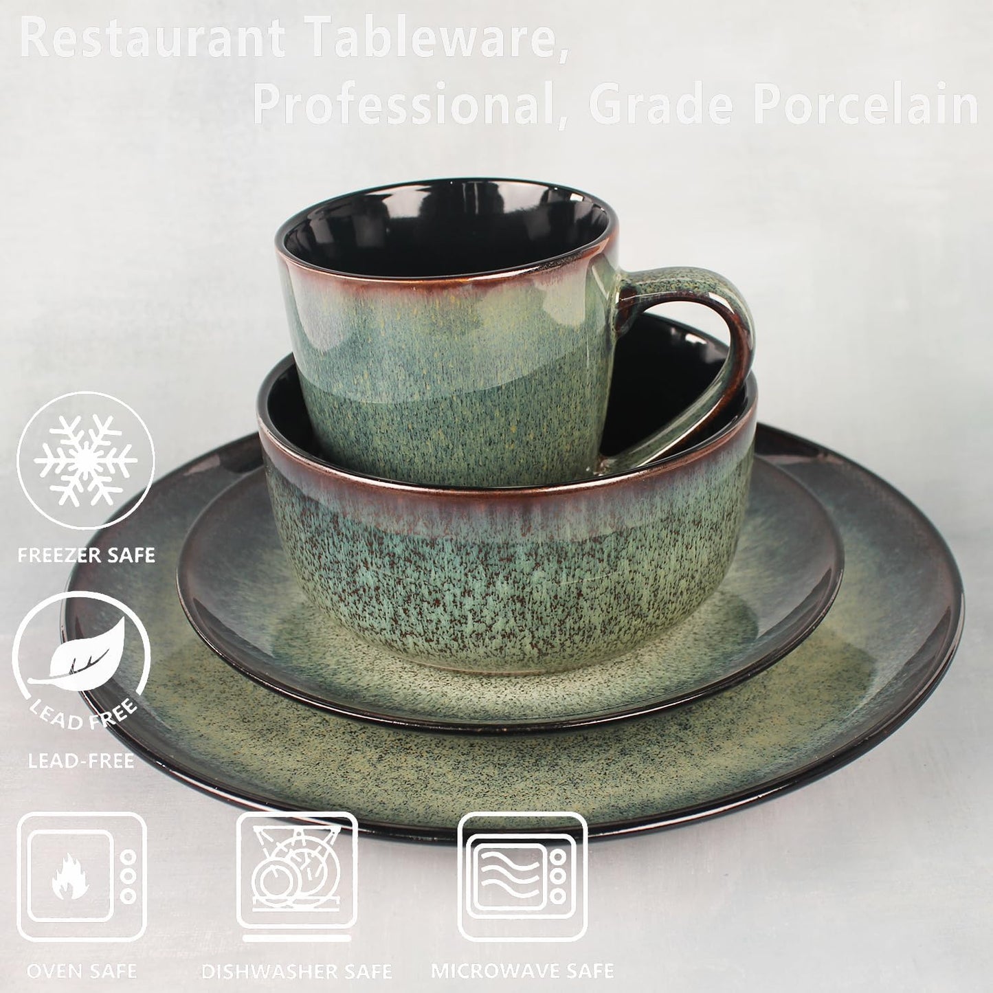 Dinnerware Sets(16Pcs) Serves for 4, Reactive Glaze Plates and Bowls Set with Mug,7.9"Small Plate,10.6"dinner Plate,5.5"bowl, Modern kitchen tableware,Microwave safe, Set No.3