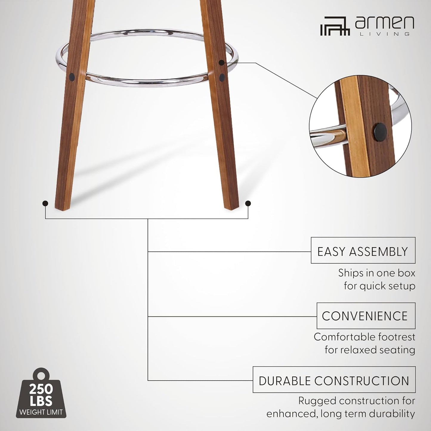 Armen Living Shelly 30" Bar Height Swivel Cream Faux Leather and Walnut Wood Bar Stool - Set of 2