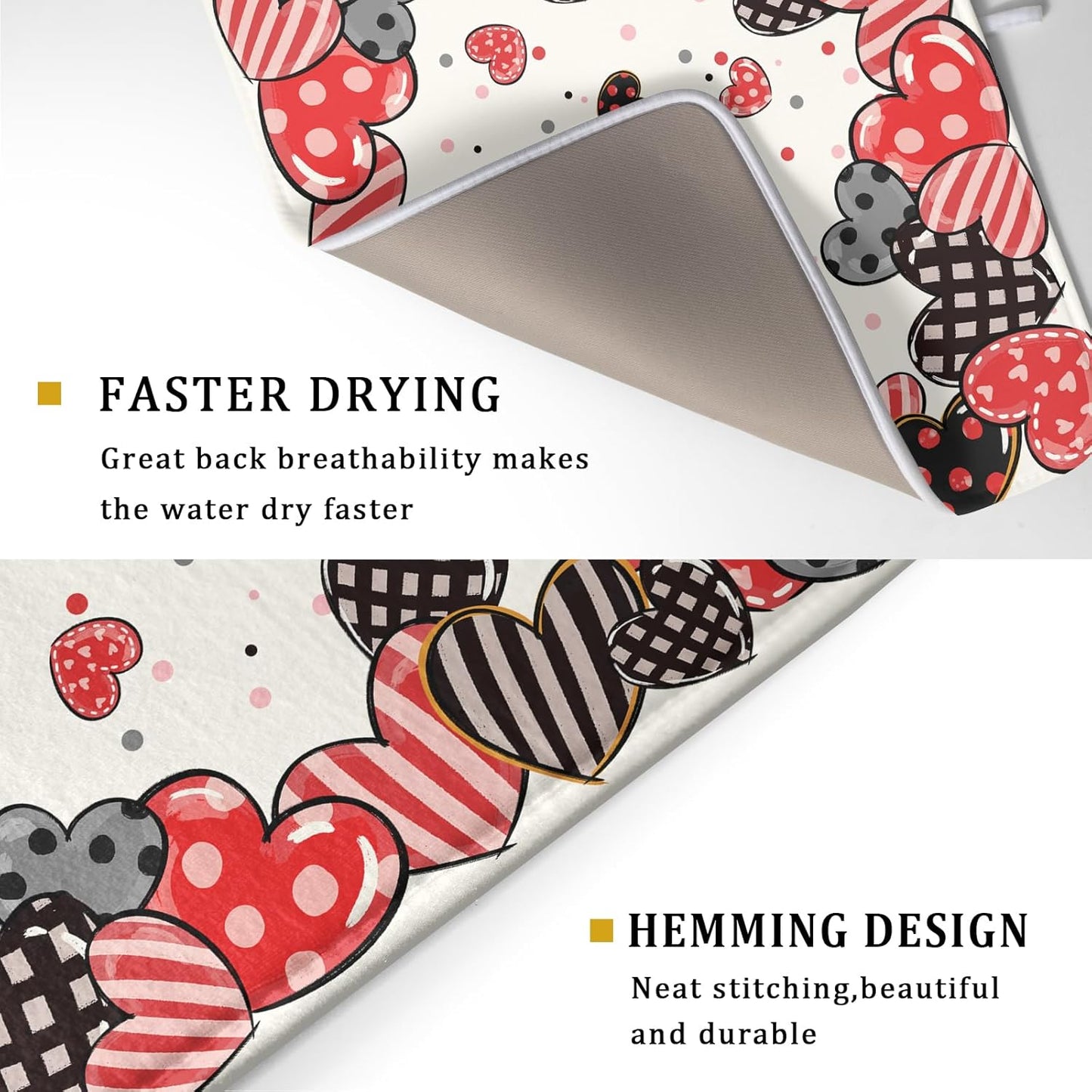 Red Heart Dish Drying Mat 18"x24" Love Dots Microfiber Dish Drainer Rack Mat Holiday Absorbent Fast Dry Pad for Kitchen Counter Home Decor