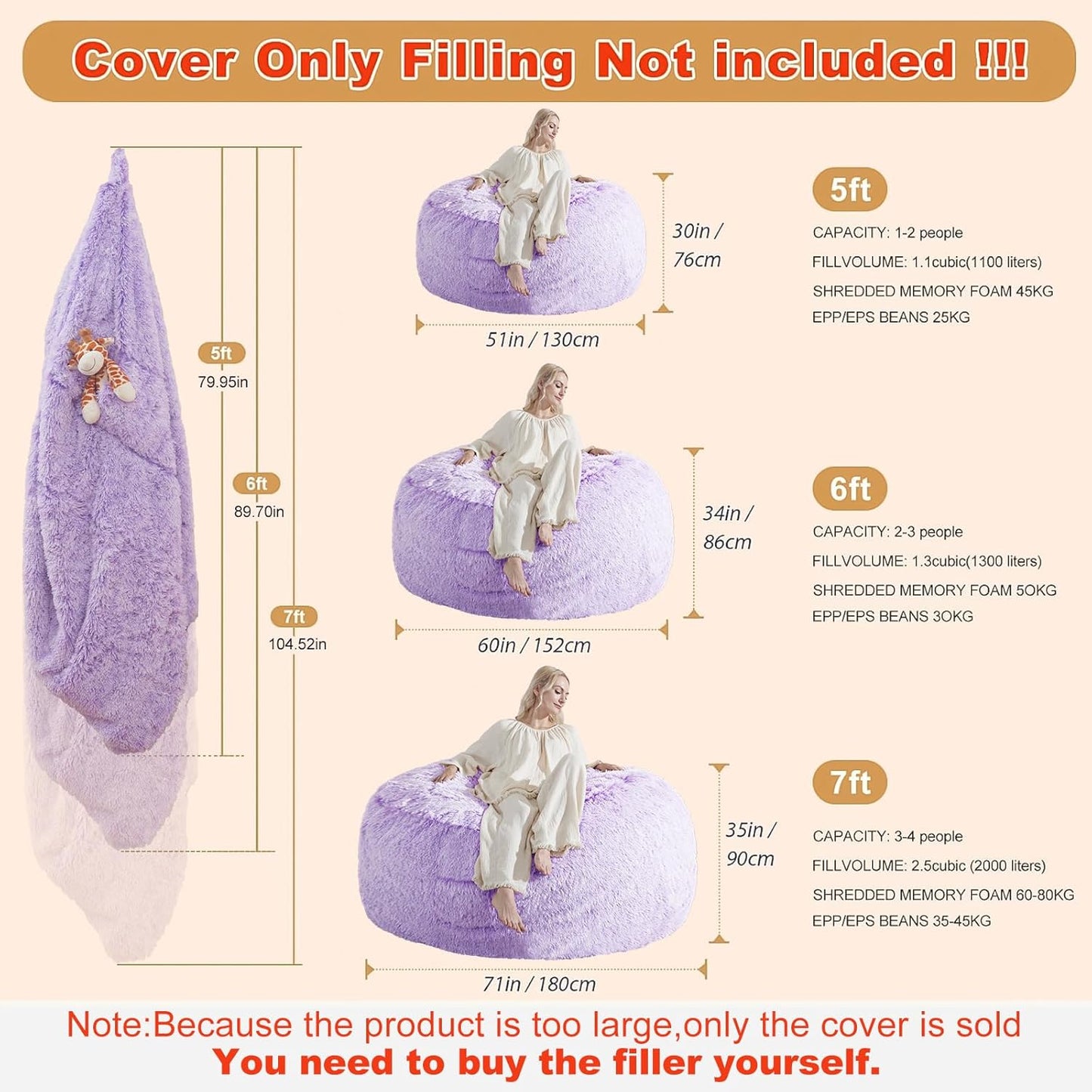Huge Bean Bag Covers Only, Fluffy Stuffed Beanbag Chair Covers No Filler, Washable Bean Bags Cover for Adults, Stuffed Animal Bean Bag Anti-Slip, 6FT, Purple