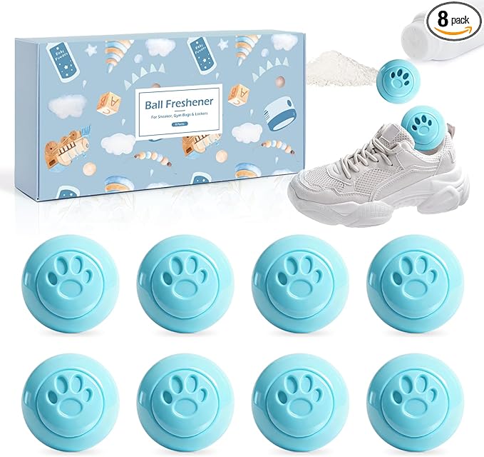 SCENTORINI Shoe Deodorizer Balls, 8 Pack Baby Powder Scent Sneaker Deodorizer Balls, Odor Eliminator for Smell Shoes Boots, Long Lasting Shoe Freshener for Gym Bags, Drawers and Small Spaces