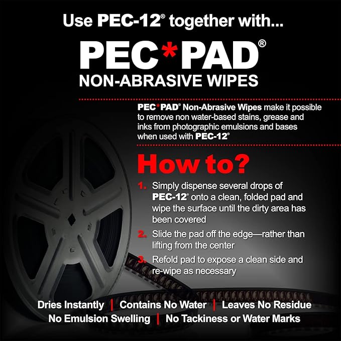 PEC-12 Photographic Emulsion Cleaner Kit and PEC-PAD Lint Free Non-Abrasive Wipes 4"x4" 100 Sheets per/Pkg - for Cleaning Film, Photo Negative, B&W Slide - Dropper Tip (59ml) 2oz