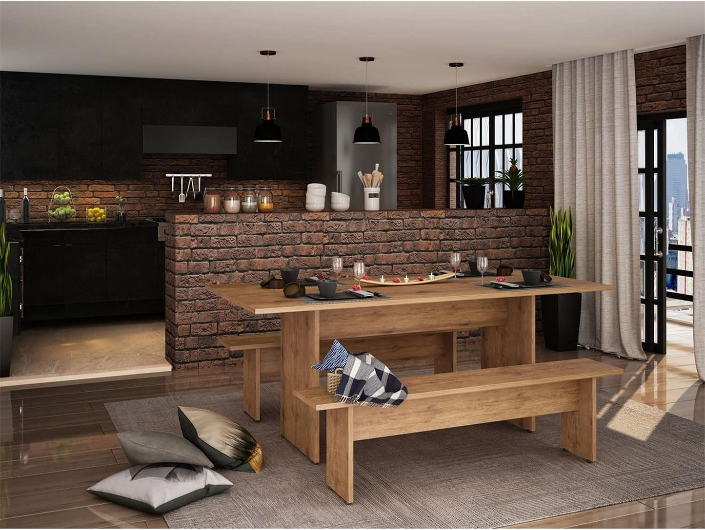 Manhattan Comfort Nomad 3 Piece Dining Set for 6 with Modern Kitchen Table and 2 Benches, Farmhouse Furniture with Rustic Wood Grain Finish, Pedestal Base, Easy Assembly, Dining Set, Nature