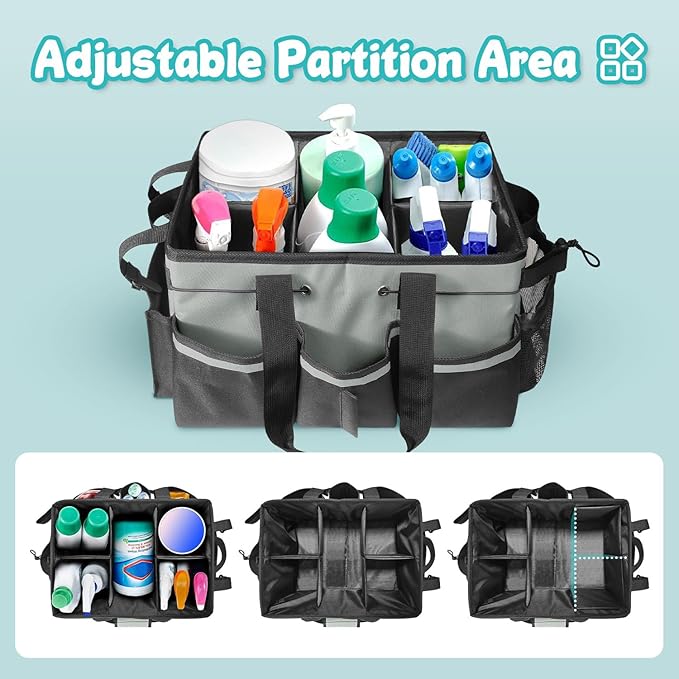 Wearable Cleaning Caddy Bag, Cleaning Caddy Suppliers Organizer with 4 Foldable Dividers, Handle & Shoulder Straps Cleaning Tool Organizers for Cleaners & Housekeeper (Grey)