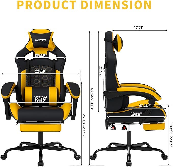 Gaming Chair with Massage,Ergonomic PC Gaming Chair with Footrest Comfortable Headrest and Lumbar Support,High Back Game Chair PVC Leather,300LBS (BlackYellow)