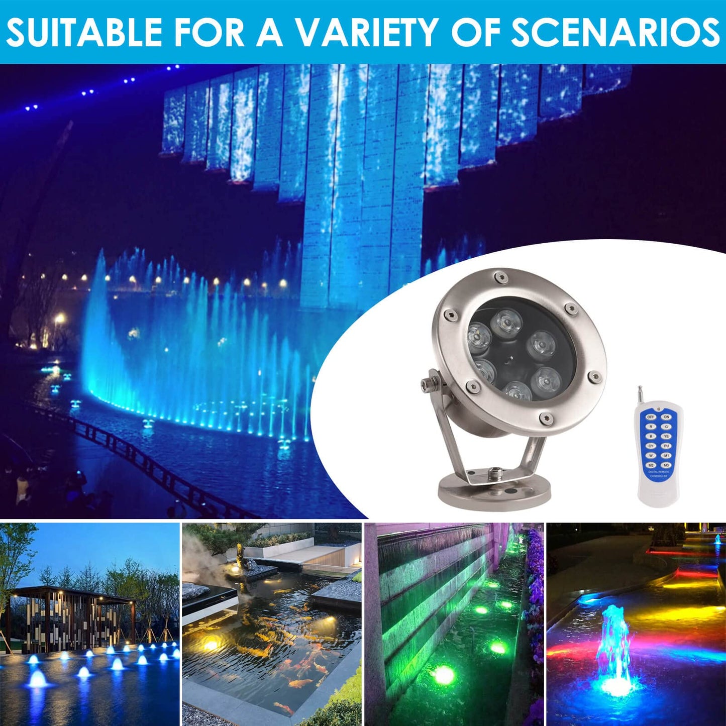 Hilittvne Underwater LED Lights, 18W RGB Color Changing Spotlights, IP68 Waterproof Submersible Spotlights Suitable for Garden Yard Lawn Pathway （Not Include Transformer）