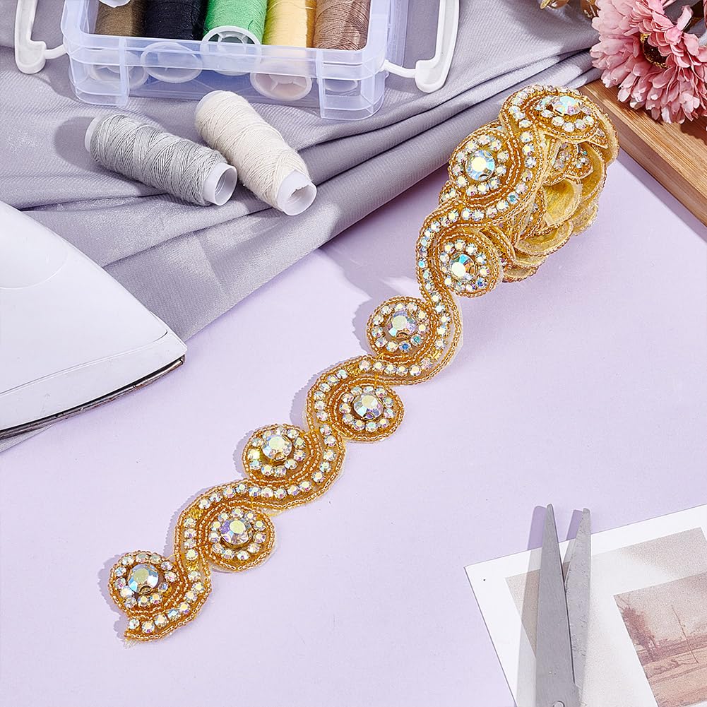 HOBBIESAY 1Yard Golden Rhinestone Applique Trim Hot Fix Ribbon Trim for Woman Wedding Crystal Applique Ribbon for Costume Accessories for Woman Hat Jeans Dress Bag