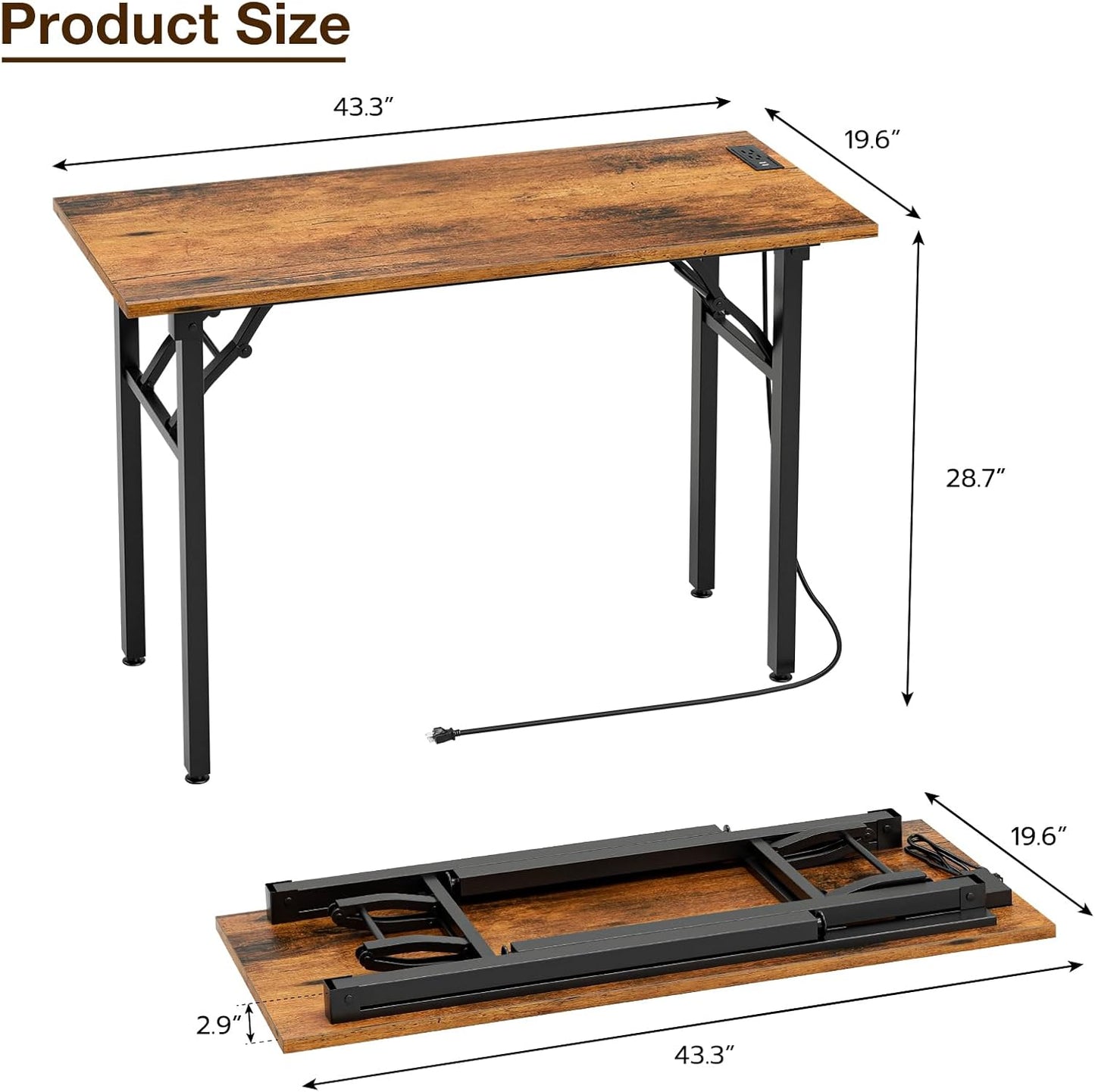 TEMI Small Computer Desk Folding Table - No Assembly, Compact 44.3" Foldable Desk with Power Outlets & USB Charging Port, Portable Small Office Desk, Ideal Mini Study Table for Narrow Spaces, Brown