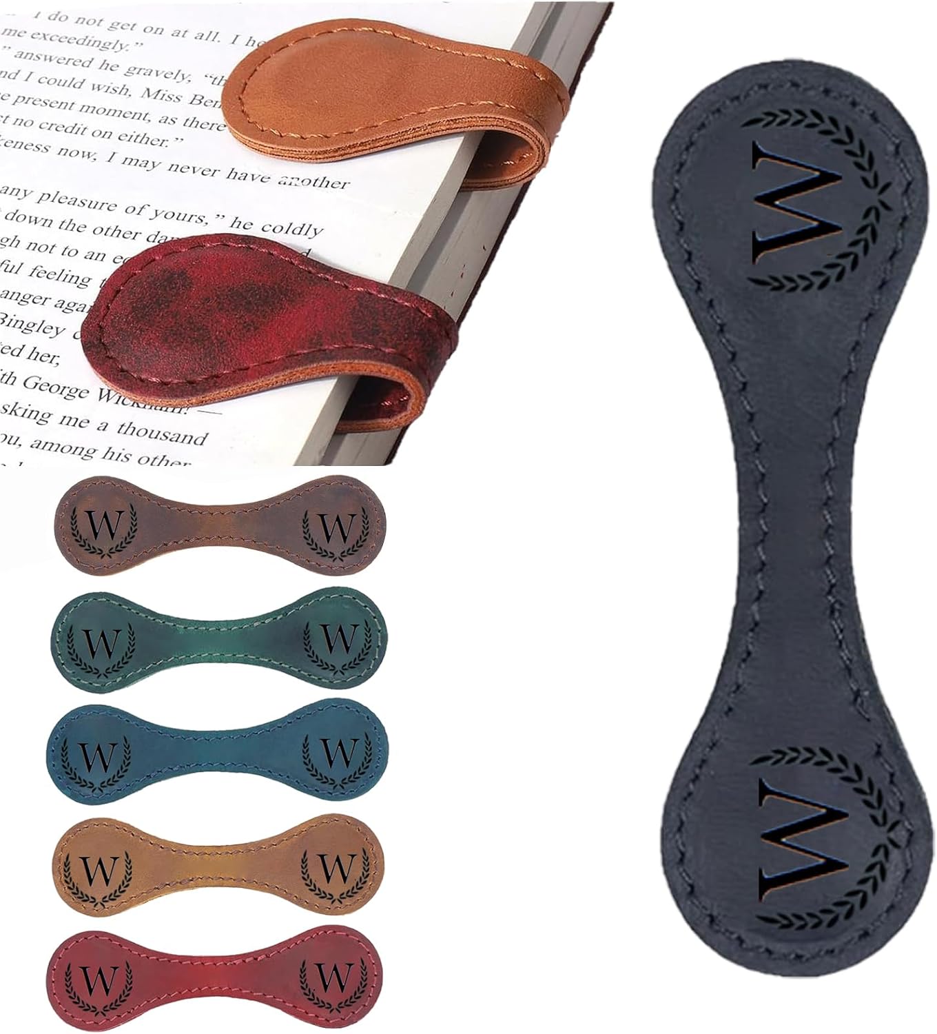 Personalized Magnetic Leather Bookmark, 26 Letters Custom Leather Bookmarks, Handmade, Leather Magnetic Bookmark for Book Lovers Readers Women Kid(Black，W）