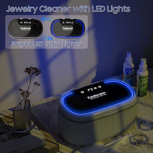 Ultrasonic Cleaner Set with Basket and Holder-45KHz 20oz w/Light & Degas, 200ML Jewelry and Retainer Cleaner Solution for All Jewelry, Rings, Eyeglasses (Gray, Ultrasonic Cleaner+Cleaning Solution)
