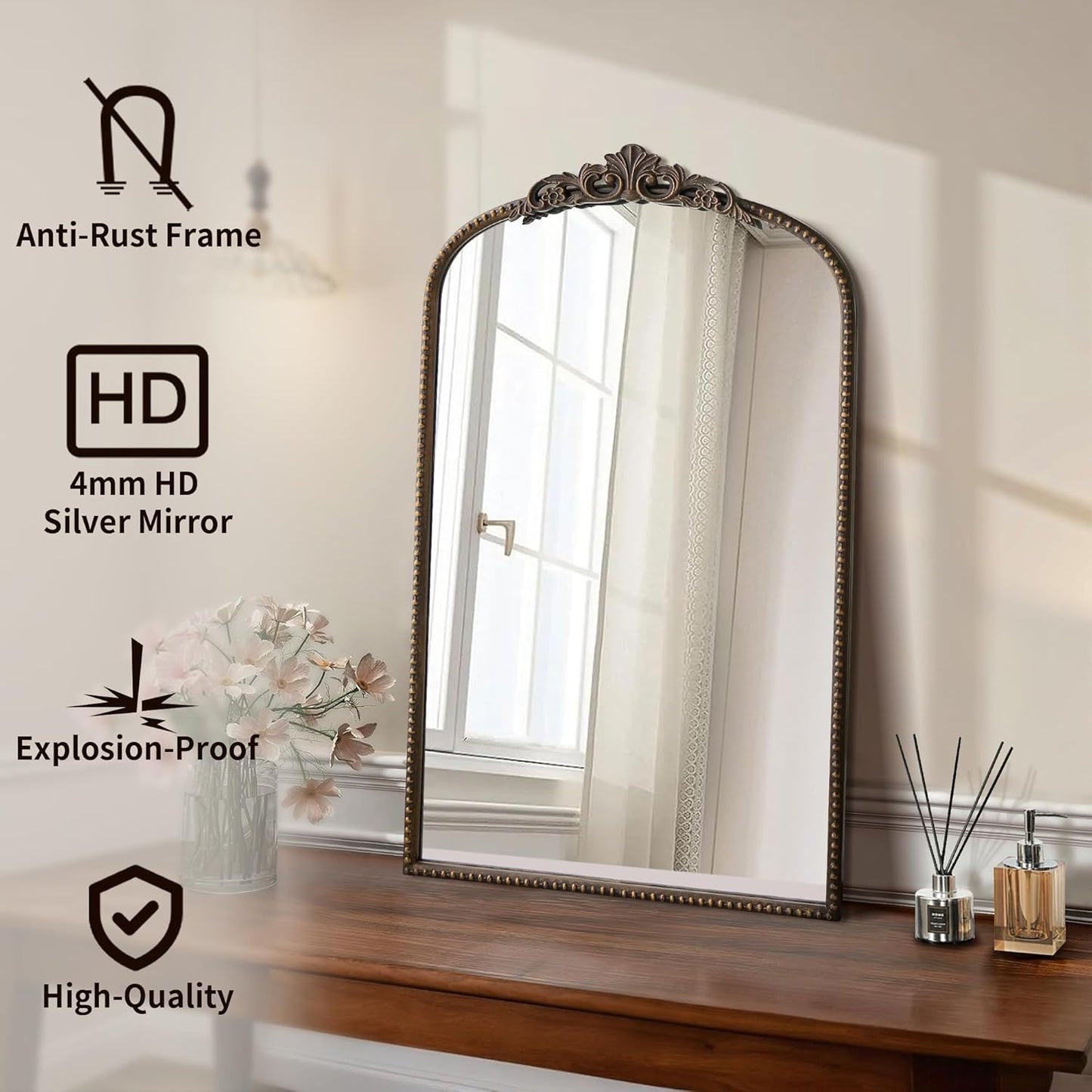 Micasso Traditional Arch Mirror, 31"x 19" Bronze Decorative Mirror with Metal Frame, Wall Mounted Mirror for Bathroom Bedroom Living Room Entryway, Home Wall Decor