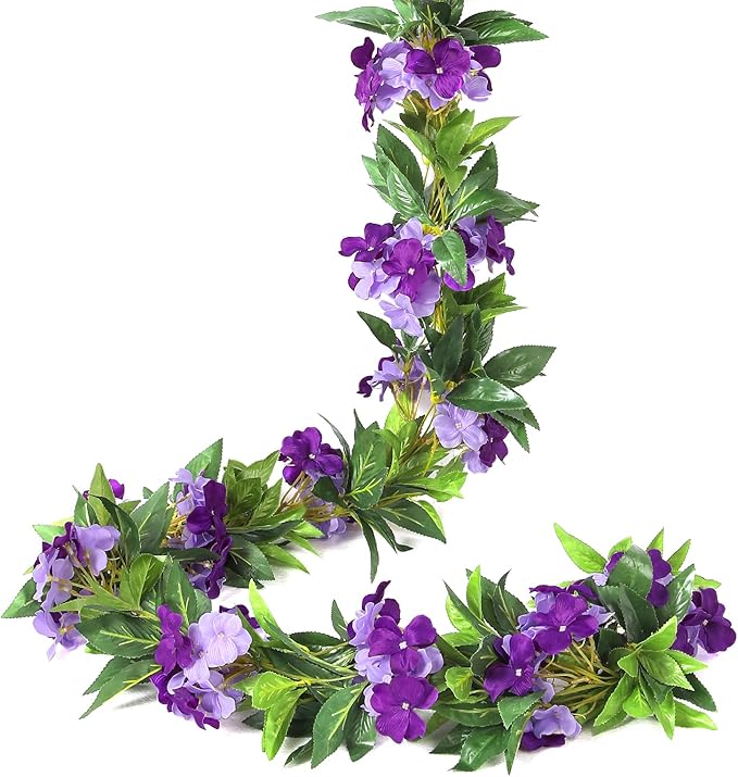 Floweroyal 2 Pack Artificial Flower Garlands 15.8FT Fake Impatiens Vines Silk Flowers Hanging Impatien Ivy for Wedding Arch Party Home Garden Wall Decor (Purple)