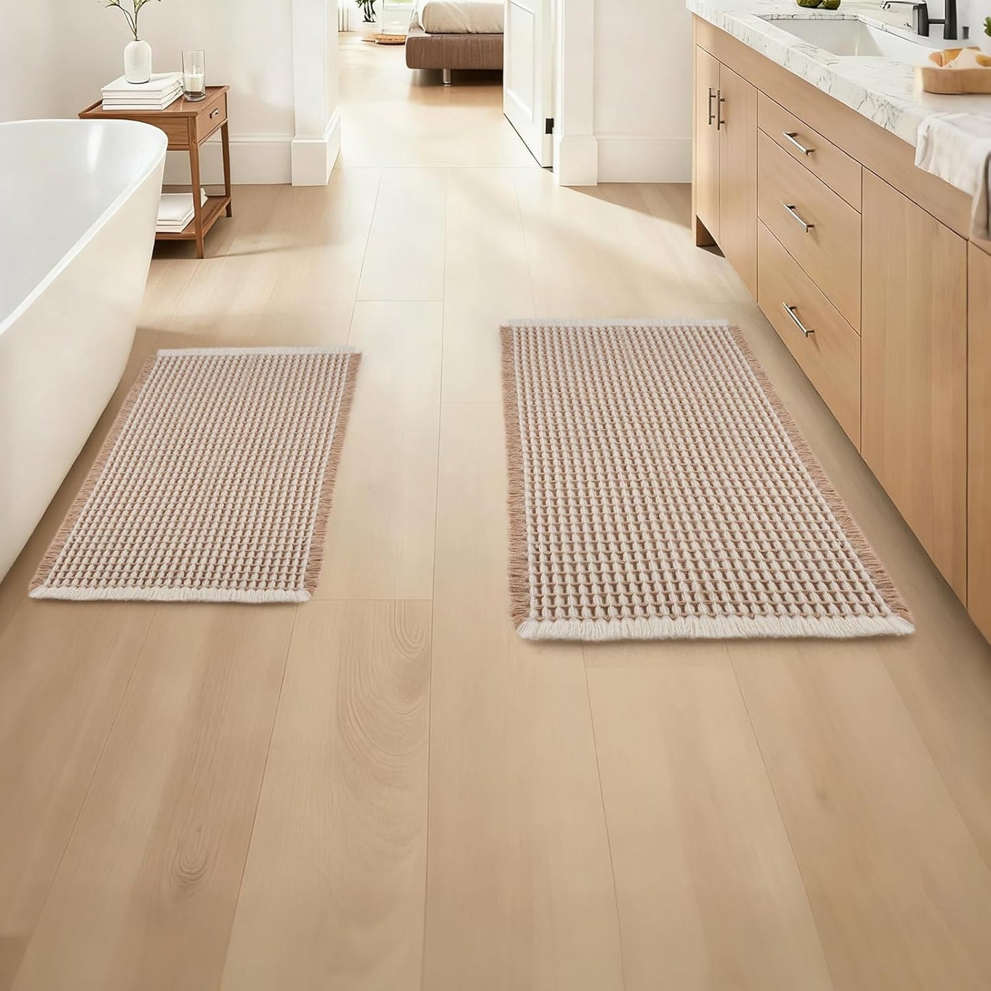 ArtyCozy Waffle Bath Mat Set of 2, Super Absorbent Soft Non-Slip Boho Bath Rugs with Flat-Woven Hot Glue Backing for Bathroom, Machine Washable Bath Mats, 20" × 32" Plus 17" × 24", Brown & White