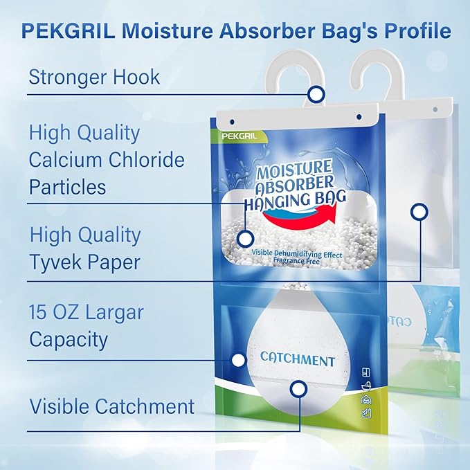 PEKGRIL Moisture Absorber Packets 6 Packs, 15 oz Hanging Dehumidifier Bags, Fragrance Free Humidity Packs for Closet, Bathroom, Kitchen, 420g/Pack