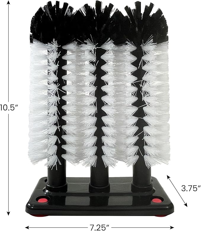 Water Bottle Cleaning Brush - 4 Pack - 3 Brush Bar Glass Cleaner - Brushes for Large Cups Glasses and Bottles - Suction Cups for Stable Grip on Sink, Bar and Kitchen Top - Includes 4 Cleaning Cloths