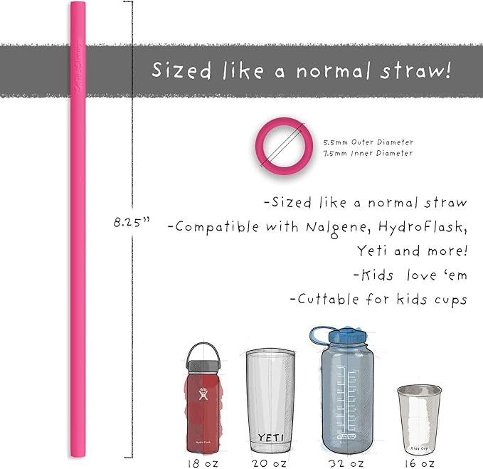 Silicone Straws - Slender Size BPA Free Non-Rubber Silicon Reusable Drinking Straws for Stainless Steel 20 oz Yeti Tumbler - Flexible, Chewy, Bendy & Safe for Kids/Toddlers