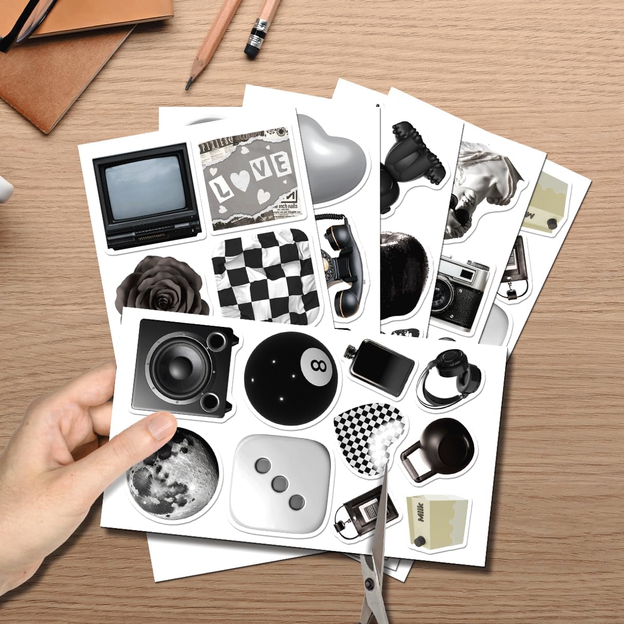Black and White Aesthetic Retro Camera Moon Roses Vinyl Stickers Pack 50pcs for Laptop Skateboard Water Bottle Phone Case Decoration Kids Teens Adults Car Bike