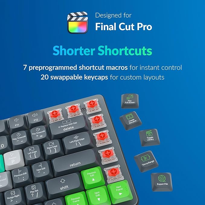 JCPAL Final Cut Pro Keyboard • Dash Wireless Shortcut Keyboard for Mac and PC • Shortcut Hotkeys, Color-Coded Key Guide, Fully Customizable, Compact Low-Profile Design