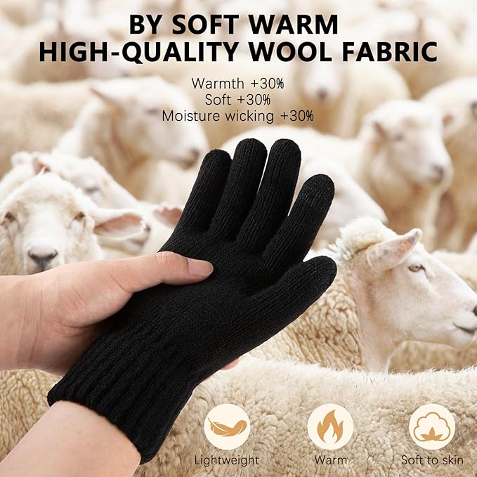 Winter Wool Gloves for Men Warm Knitted Touchscreen Cold Weather Gloves for Running Driving