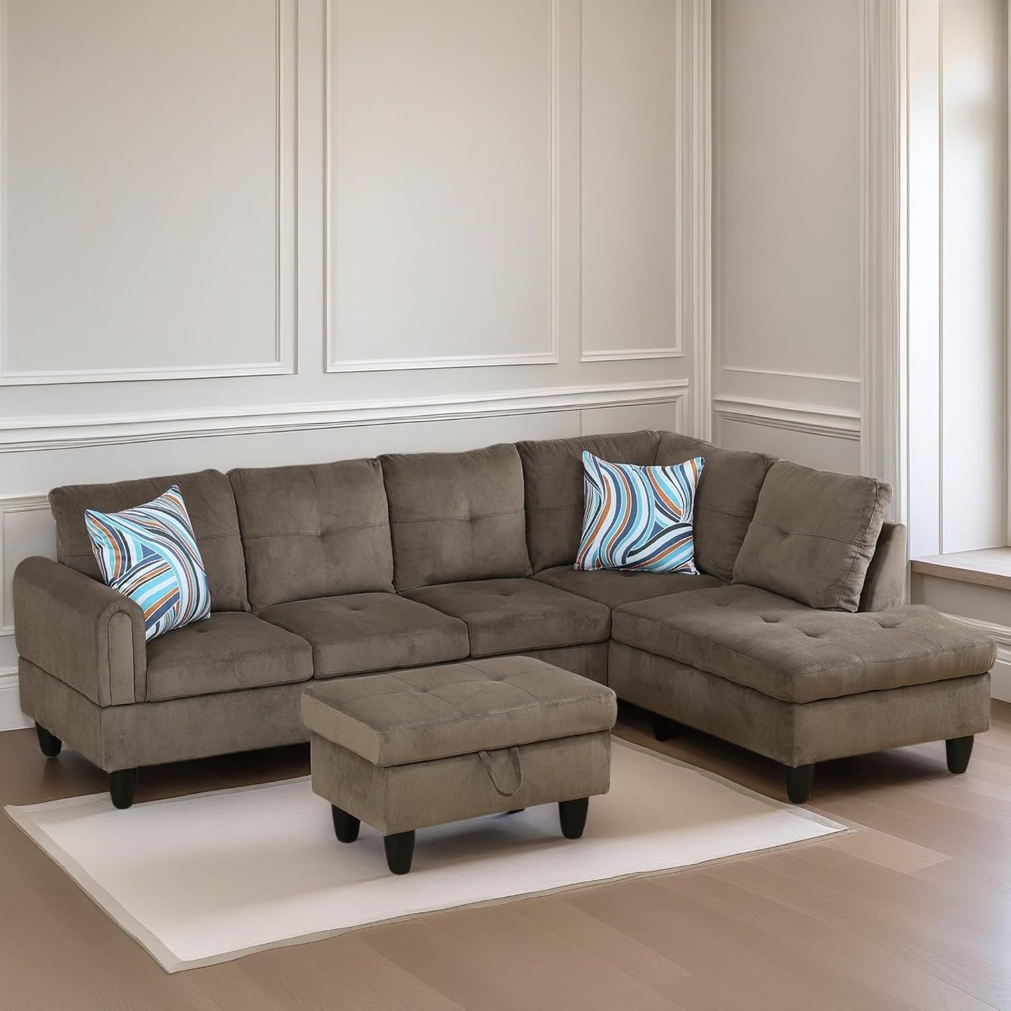 L Shaped Sectional Couches for Living Room, Modern Modular Sectional Sofa with Ottoman Storage, Comfy L Shaped Couch with Chaise for Bedroom Apartment Furniture, Brown