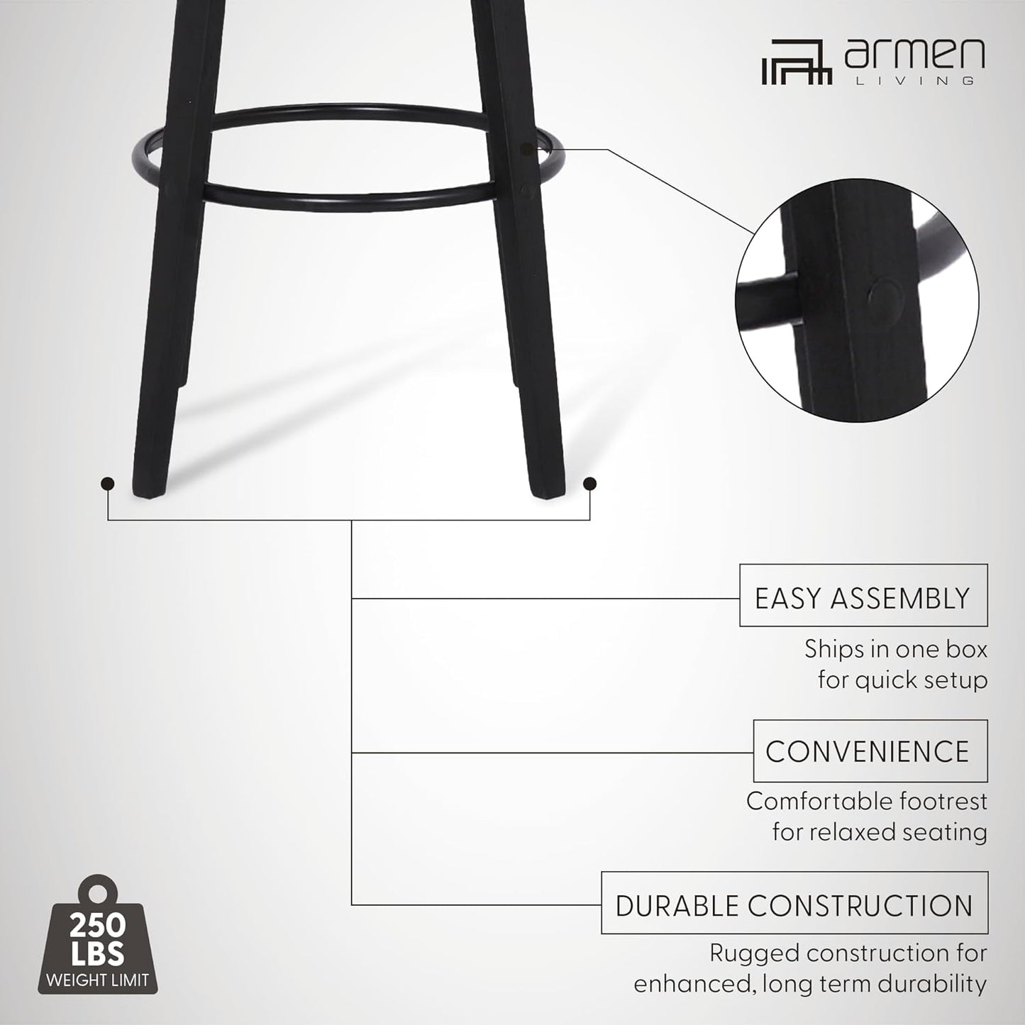 Armen Living Shelly 26" Counter Height Swivel Gray Faux Leather and Black Wood Bar Stool