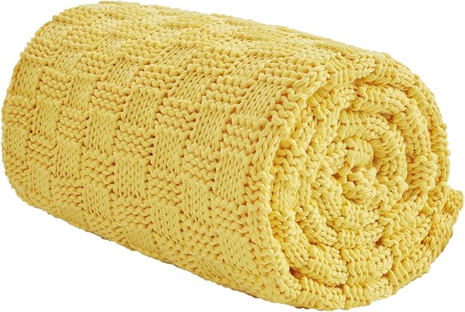 Knitted Weighted Blanket for Adult, No Beads Heavy Blanket 50” x 60'' 7lbs, Breathable Chunky Knit Blanket, Cooling Weighted Blanket for Hot Sleepers, Christmas Home Decor (Yellow)