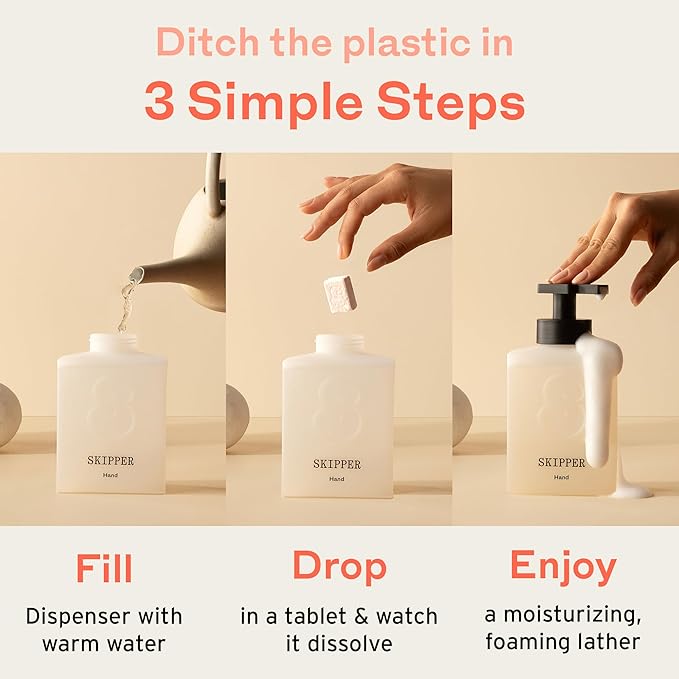 Tirtyl Skipper Hand Wash Single Kit - 1 Recycled Plastic Foaming Dispenser + 3 Tablet Refills (3x 8 fl oz bottles of soap) - Variety Fragrances