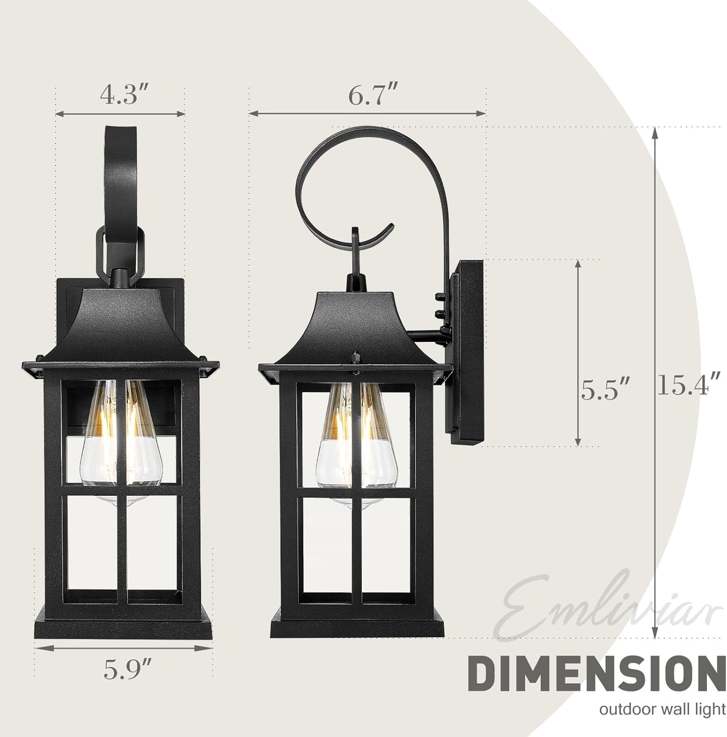 Emliviar Outdoor Porch Light Wall Mount, 15.4 Inch Patio Wall Light Fixture in Black Finish, Outside Light with Clear Glass for Garage, YXE306B BK
