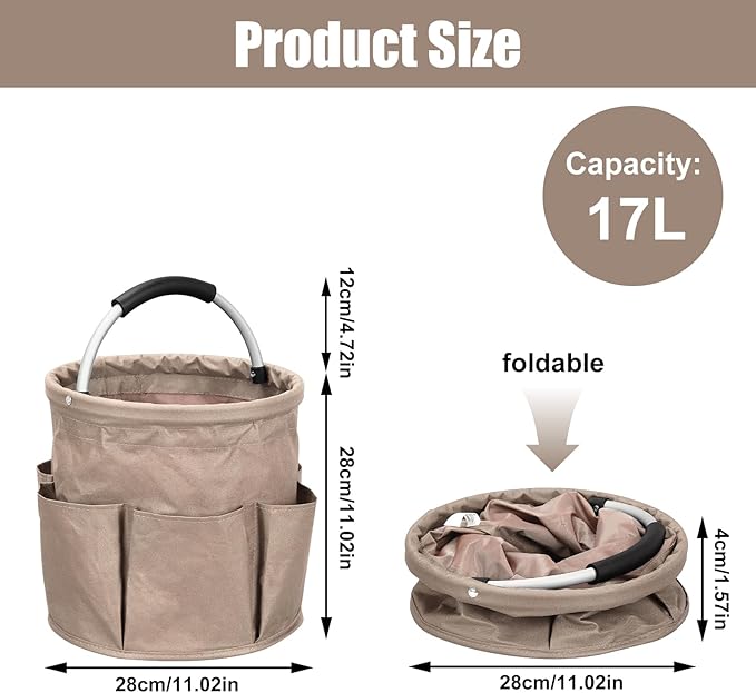 Qivine Cleaning Caddy for Cleaning Supplies, 17L Cleaning Supply Caddy with Handle Foldable Cleaning Supplies Organizer Bucket Tool Bag Organizer Cleaning Products Organizers for Home, Garden (Khaki)