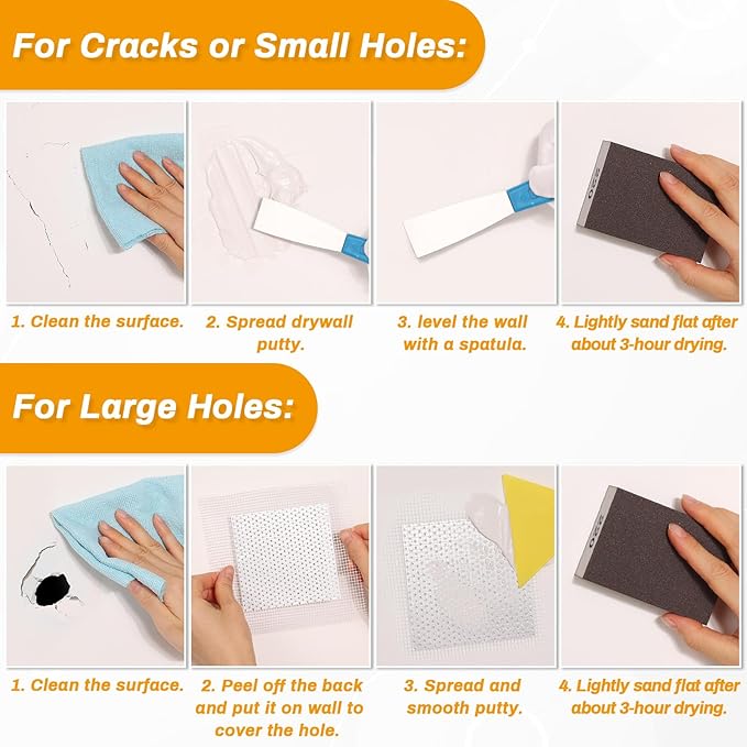 Drywall Repair Kit, Wall Surface Hole Patch Repair Kits with 12OZ White Putty Hole Filler, Fix Wall Surface and Creak Damage with Scraper, Sanding Pad Fill Quick and Easy Solution