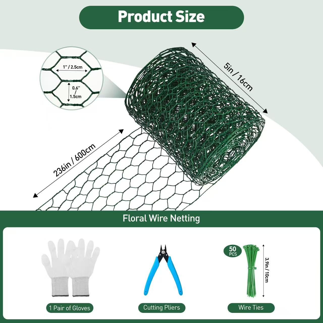 ROERLIEN 5 in×236 in Floral Wire Netting,Green Coated Floral Chicken Wire for Floral Arrangements,Garden Fencing,Protect Plant & Decorate Flower Arch and DIY Craft. (5 in×236 in)