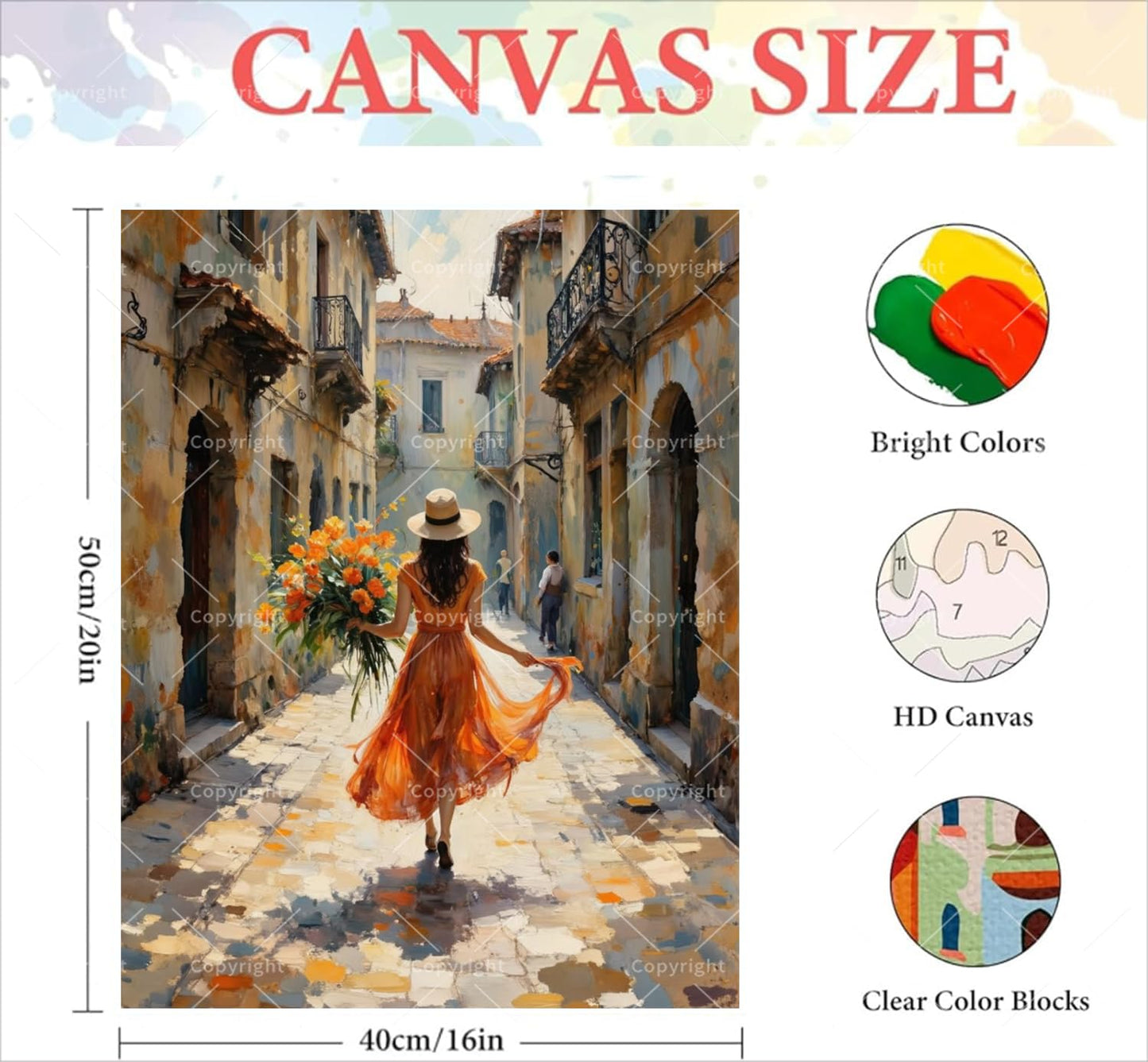 Sunny Alley Paint by Numbers Kit for Adults - DIY Woman in Orange Dress with Flowers Painting on Canvas 16x20 Inches, Acrylic Paint Set, Suitable for Beginners, Art for Decoration or Gifts, Unframed