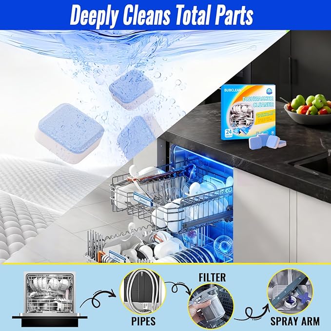 Dishwasher Cleaner＆Deodorizer Tablets, 24 Pack Deep Cleaning Descaler for Dishwasher, Natural Odor, Limescale, Grease, Calcium ＆ Smell Remover, Septic Safe with Lemon Scent - 12 Month Supply