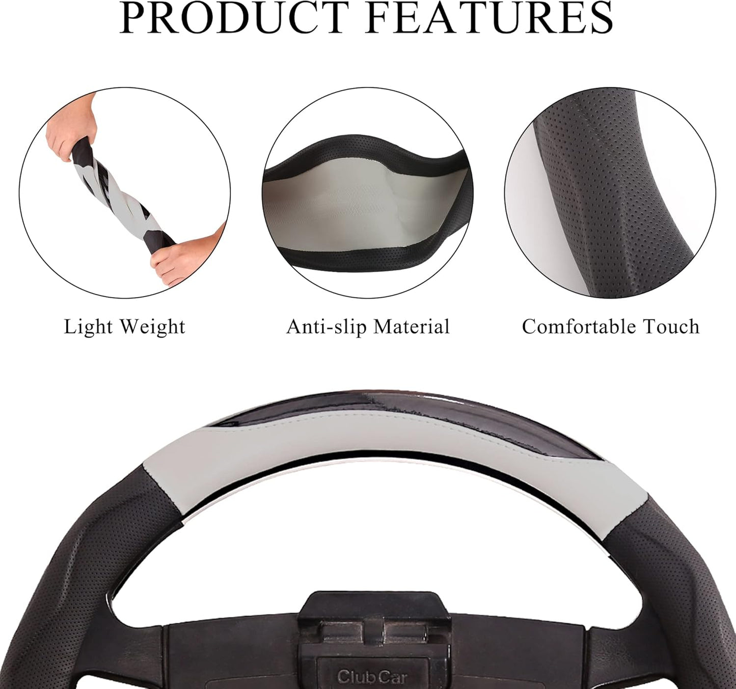 Golf Cart Steering Wheel Cover for Club Car, Pu Leather Microfiber Anti Slip Steering Wheel Cover(Black Grey)