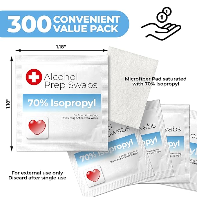 Alcohol Wipes individually Wrapped - 300 Pack Isopropyl Alcohol Wipes, Alcohol Prep Pads, Great for Home, Medical and First Aid Kits, Individually Wrapped Swabs