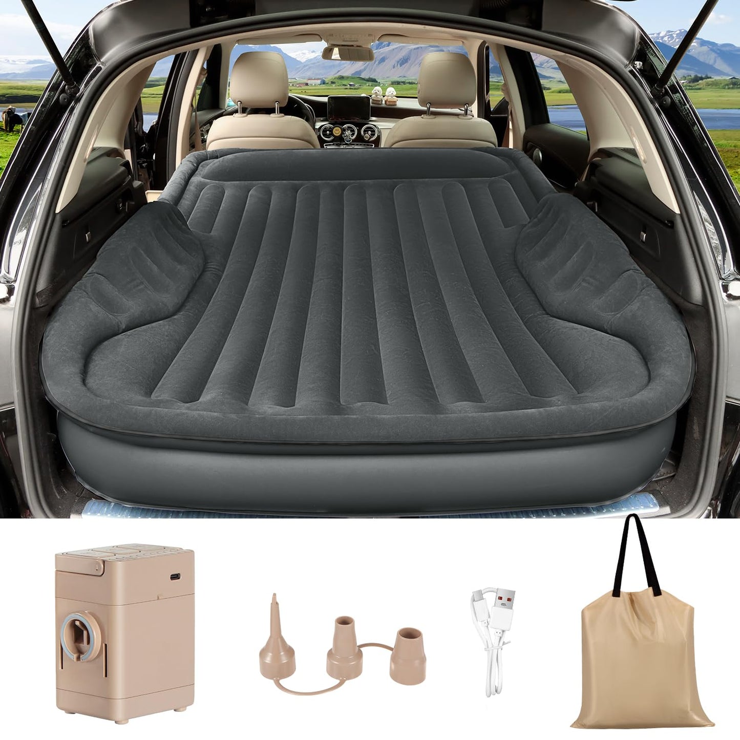 AKUDY Self-Inflating SUV Air Mattress with Built in Electric Pump，car air Mattress with Pillow for Trunk，Portable car Mattress for Travle and Camping, Dark Grey