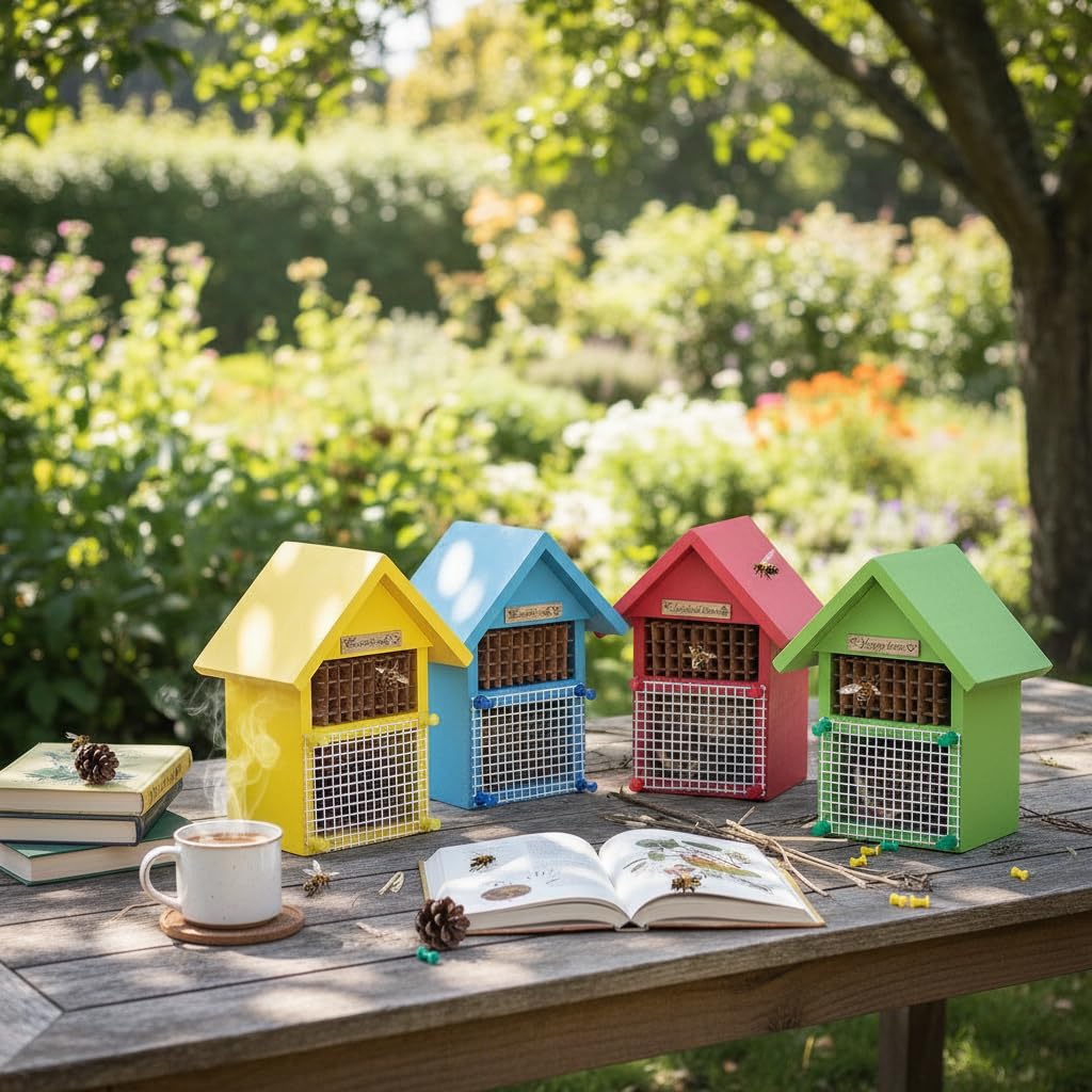 CEDAR ALPHA 4 Pack DIY Insect Hotel Kit, Backyard Insect House, Solid Wood 5.9"x 7.7"x 4.7", UVcoating Painted, Bee House, Nesting Habitat Shelters, Garden Shelter for Bees, Butterflies, Bugs