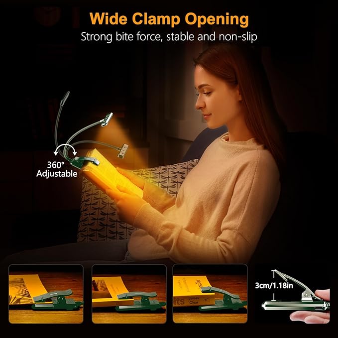 Gritin 19 LED Rechargeable Book Light for Reading in Bed with Memory Function- Eye Caring 3 Color Temperatures,Stepless Dimming Brightness,80 Hrs Runtime Clip on Light for Book Lovers-Dark Green