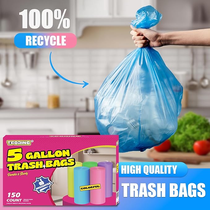 5 Gallon Trash Bags Extra Thick - 18 Liter Garbage Bags Unscented for Bathroom, Small Plastic Wastebasket Liners for Home Office Bedroom,150 Count 5 Color