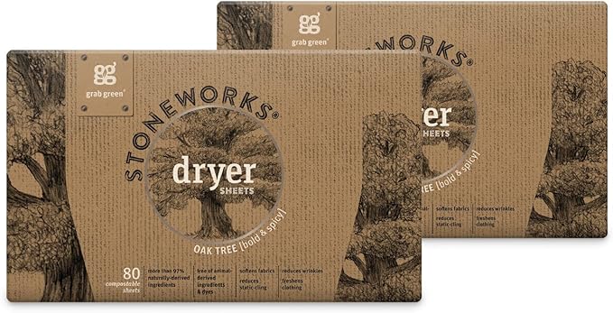 Grab Green Stoneworks Cruelty-Free Dryer Sheets | Softens Fabrics, Freshens Clothing & Reduces Static-Cling and Wrinkles | Plant Based | Oak Tree Scent (160 Sheets)