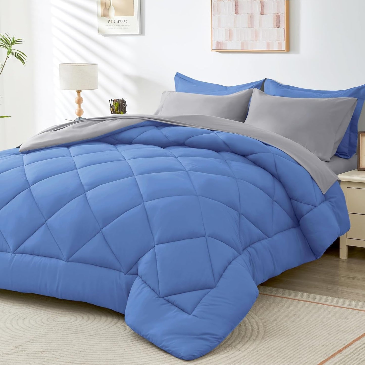 HEVUMYI Royal Blue & Light Grey King Comforter Set - 7-Piece All Season Bed in a Bag King, Ultra Soft Bedding Set with Comforter, Flat Sheet, Fitted Sheet, Pillowcases, Pillow Shams, Royal Blue