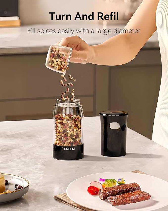 TOMEEM Electric Salt and Pepper Grinder Set – Rechargeable with LED Power Indicator, 5-Level Adjustable Grinding, LED Light, 4.5oz Large Capacity Salt and Pepper Shakers with Storage Base